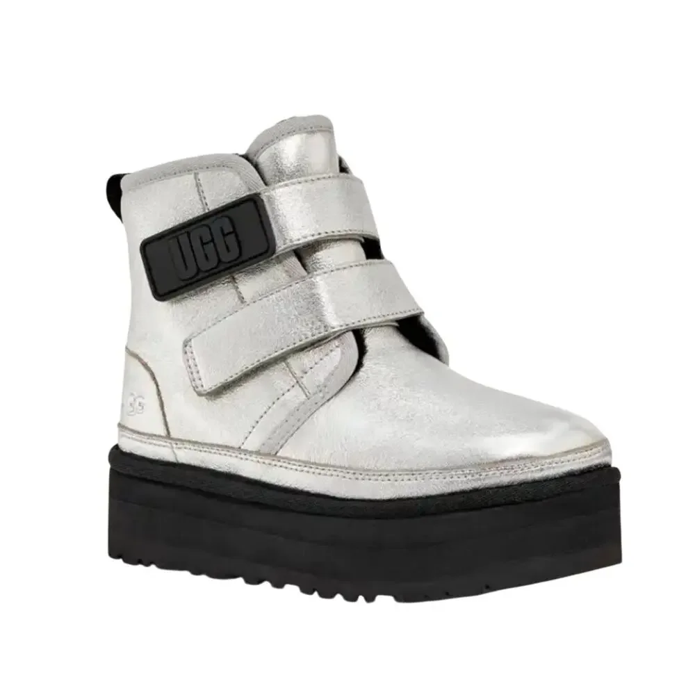 UGG Neumel Platform Leather Silver Metalic Size 4